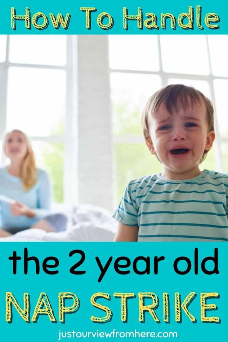 toddler boy crying with mom in the background, text overlay: how to handle the 2 year old nap strike, toddler sleep regression is common.