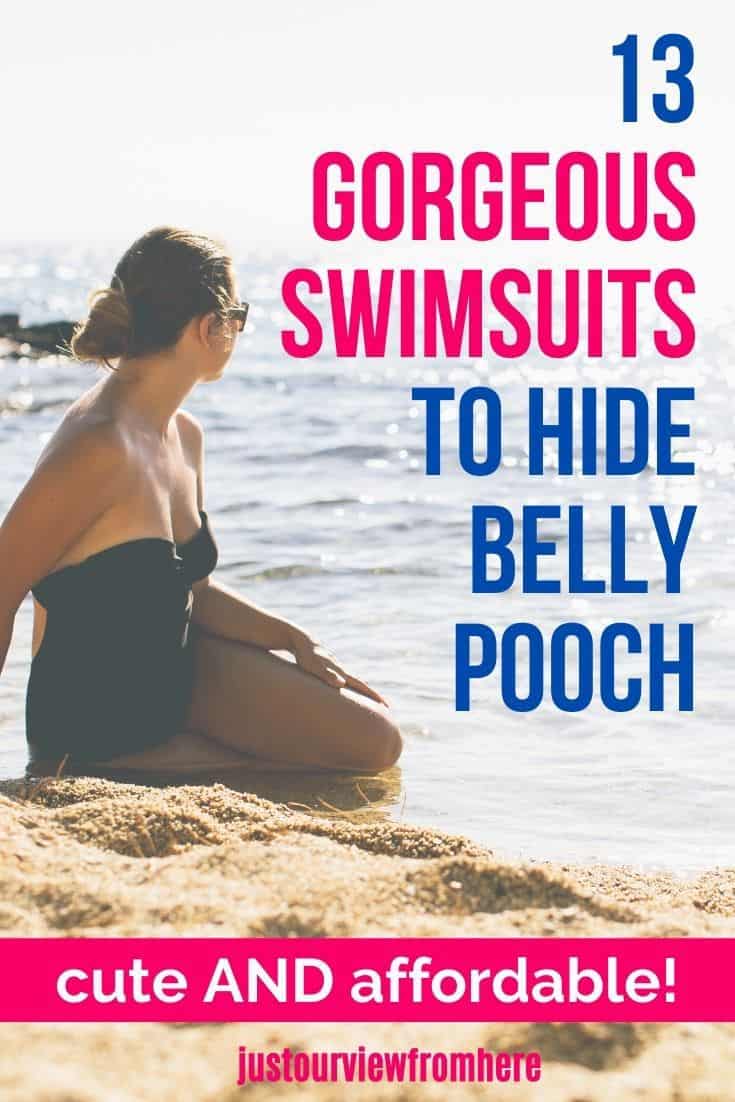 woman in bathing suit sitting on beach viewing the water, text overlay 13 gorgeous swimsuits to hide belly pooch
