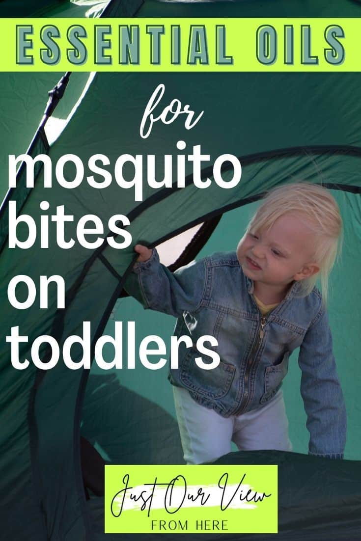 camping toddler peeking out from a tent, text overlay essential oils for mosquito bites on toddlers
