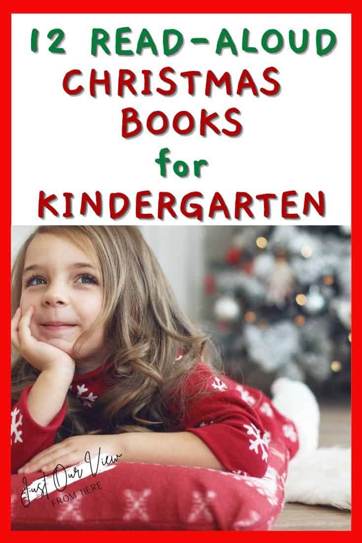 little girl in front of christmas tree text overlay 12 read aloud christmas books for kindergarten