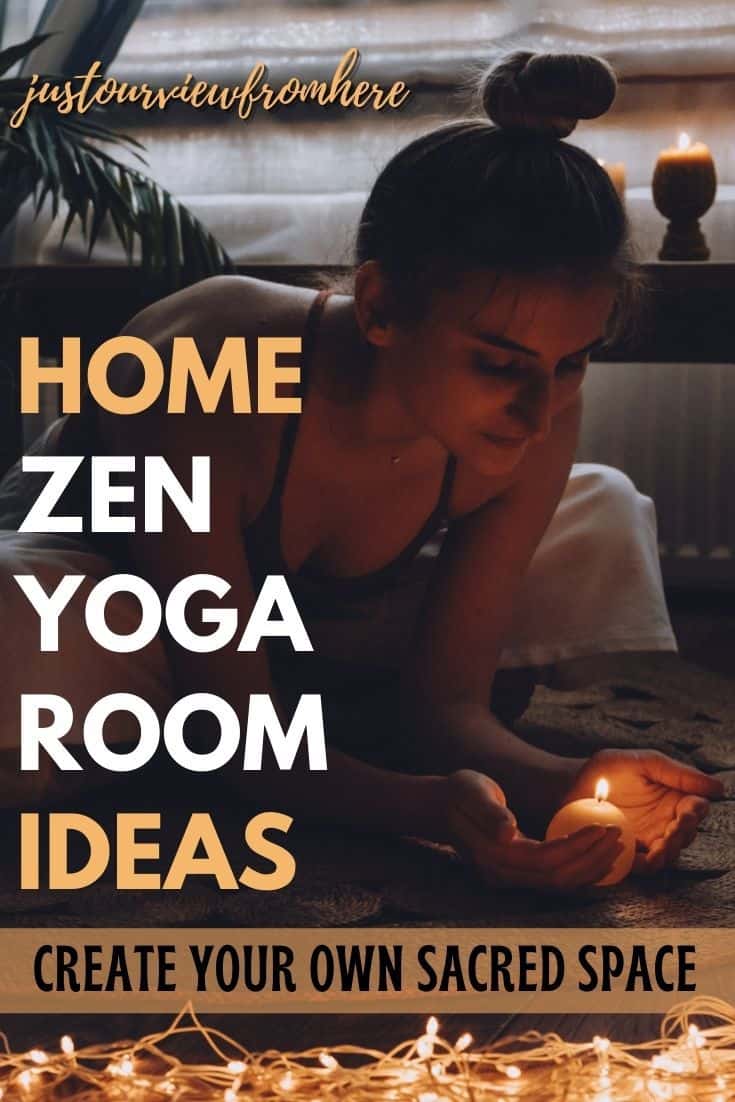 young women gazing at candle in hands in a zen room, text overlay home zen yoga room ideas create your own sacred space