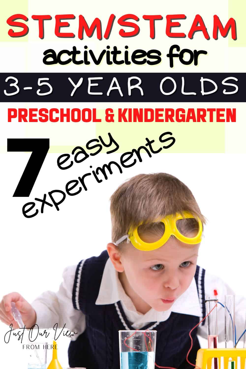 young boy doing a science experiment, text overlay STEM steam ACTIVITIES FOR 3-5 YEARSOLDS, preschool and kindergarten 7 easy experiments
