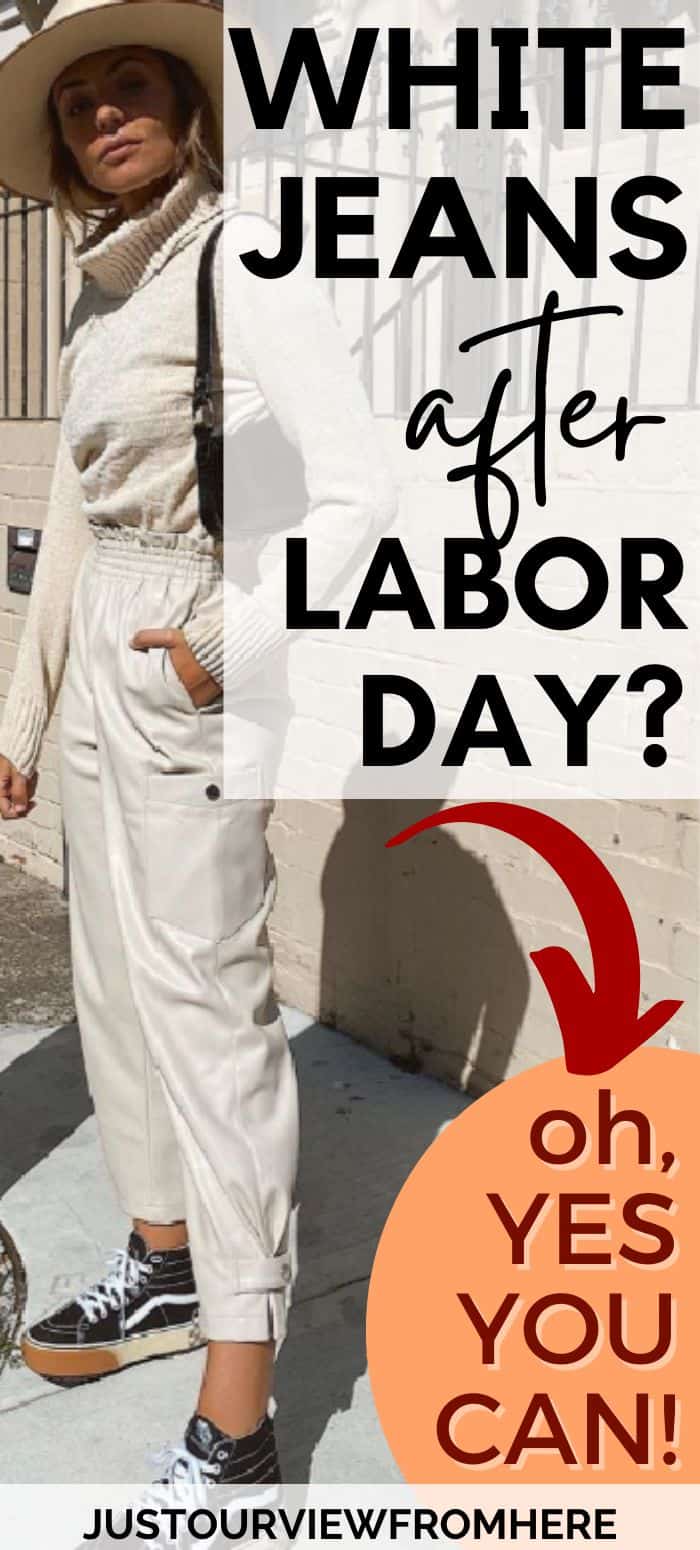 woman wearing white outfit and hat, text overlay white jeans after labor day? oh yes you can!