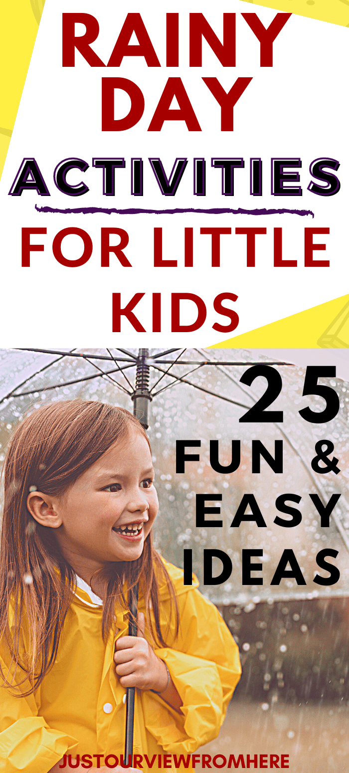 smiling little girl holding umbrella, text overlay rainy day activities for little kids 25 fun and easy ideas