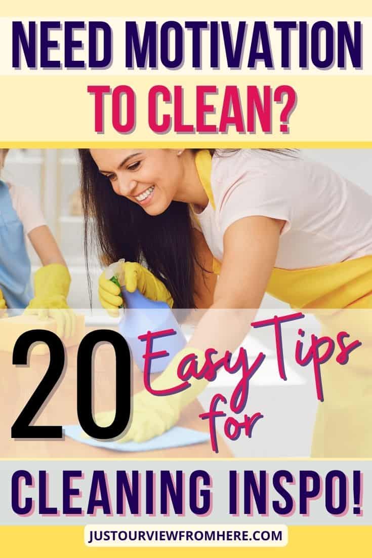 smiling woman cleaning counter with cloth and spray bottle, text overlay need motivation to clean? 20 easy tips for cleaning inspo
