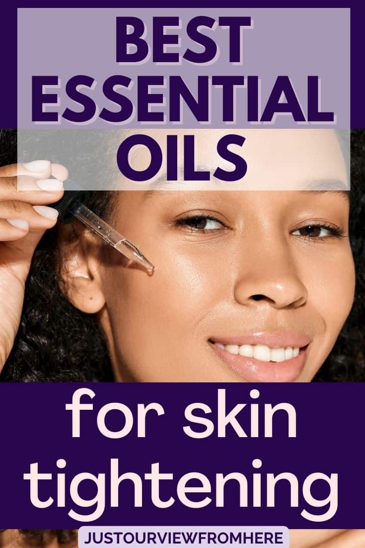 woman applying face serum with eye dropper, text overlay best essential oils for skin tightening