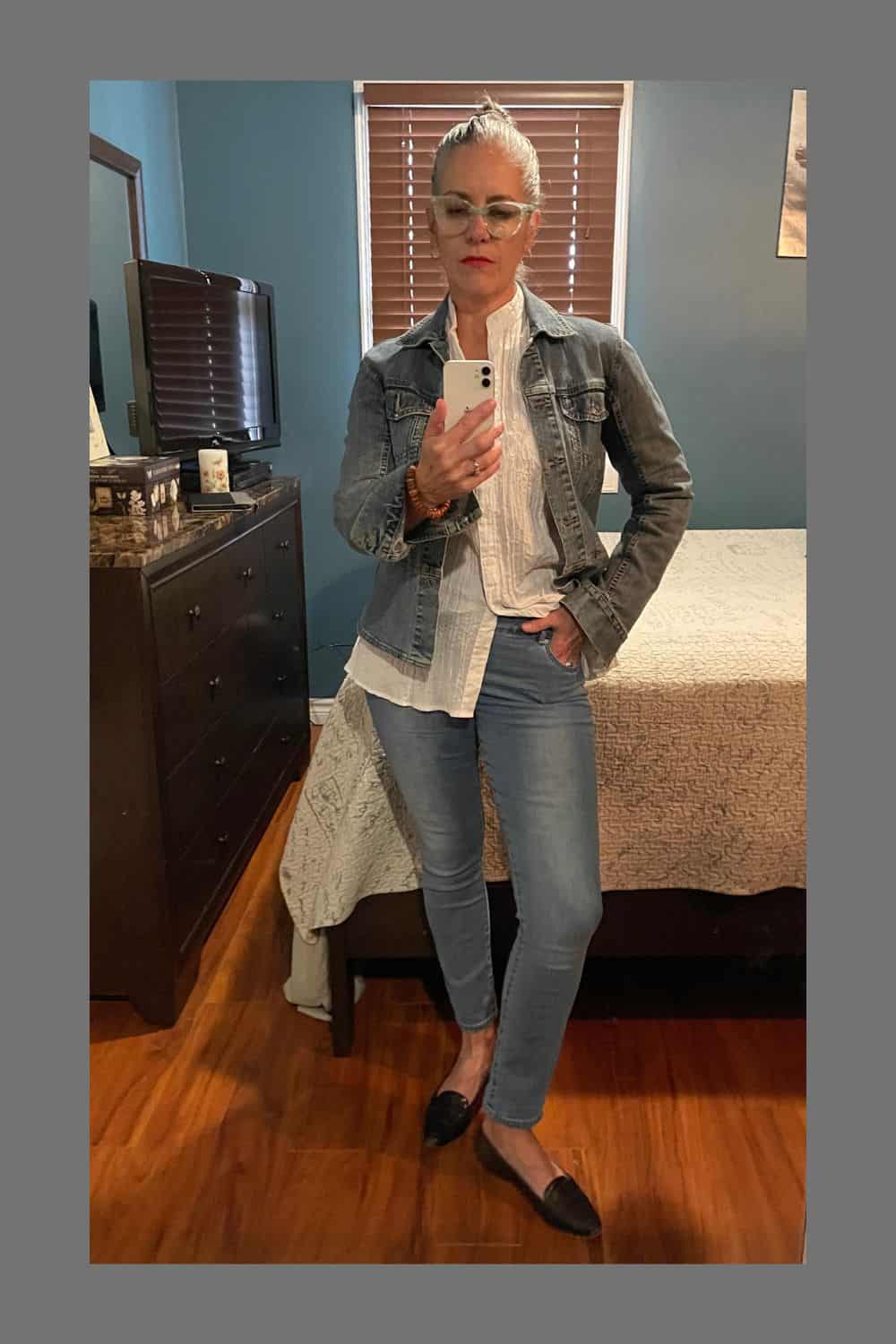 denim jacket outfit with white button down blouse and loafers