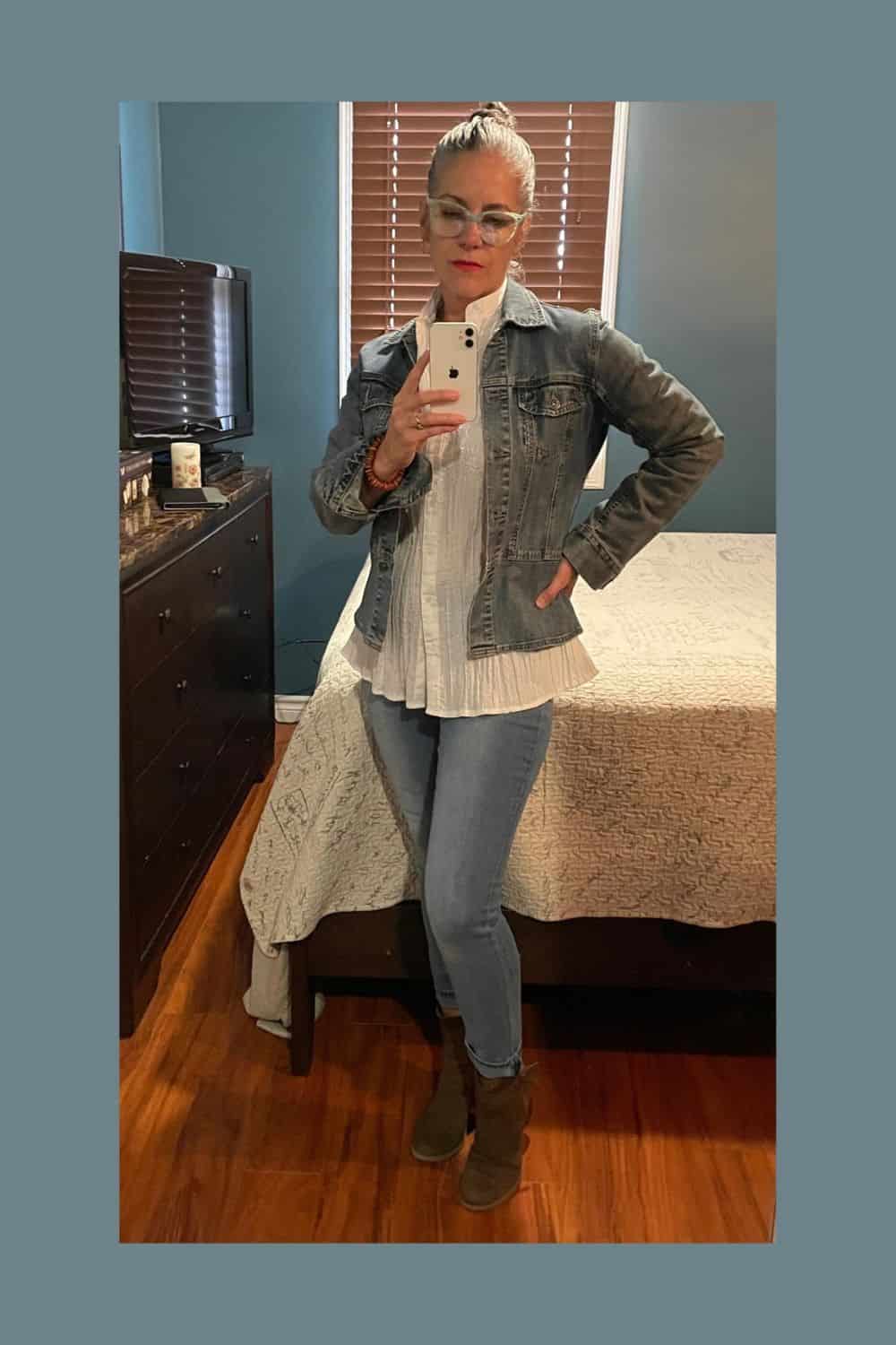 jean jacket with jeans and suede boots booties