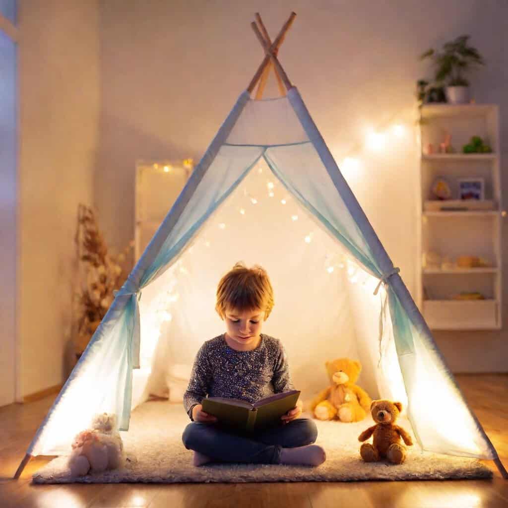 kids book nook ideas decor tips, child reading in tent with fairy lights in a bedromm with books and bookshelves