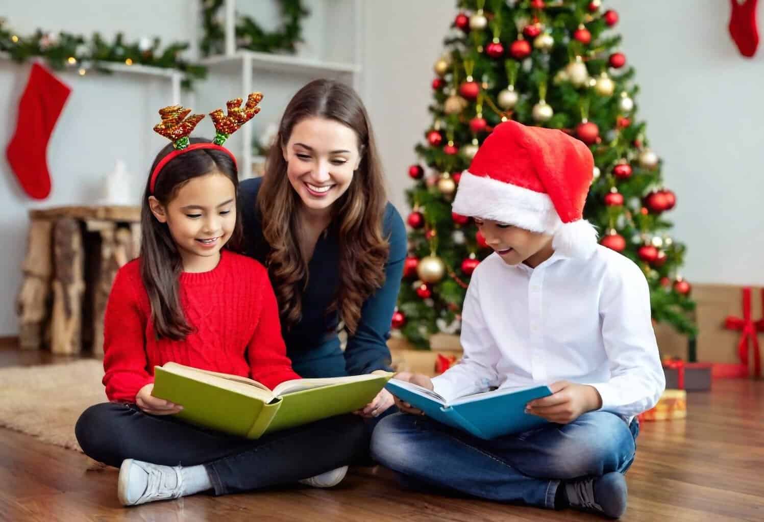 best christmas books for 3rd graders, christmas themed background, christmas tree, decorATIONS with 8 year-old aged children reading picture books with young teacher in classroom setting