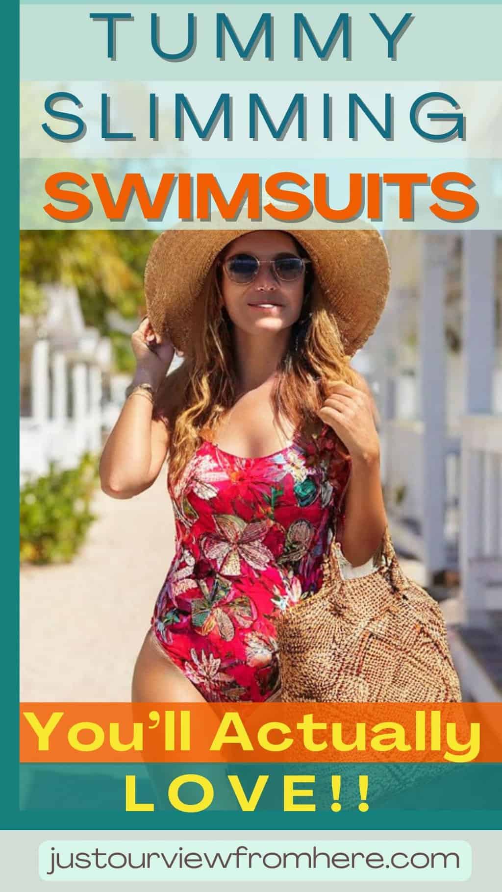 young woman in a tropical one piece swimsuit, text overlay tummy slimming swimsuits you'll actually love